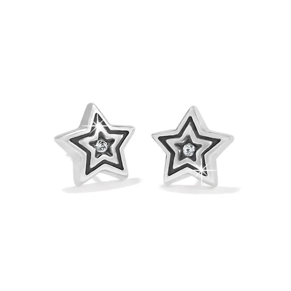 Star-shaped earrings with a central gemstone on a white background