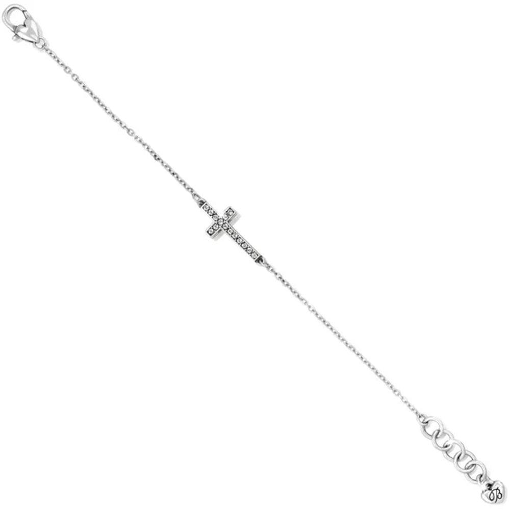 Silver bracelet with a cross charm on a white background