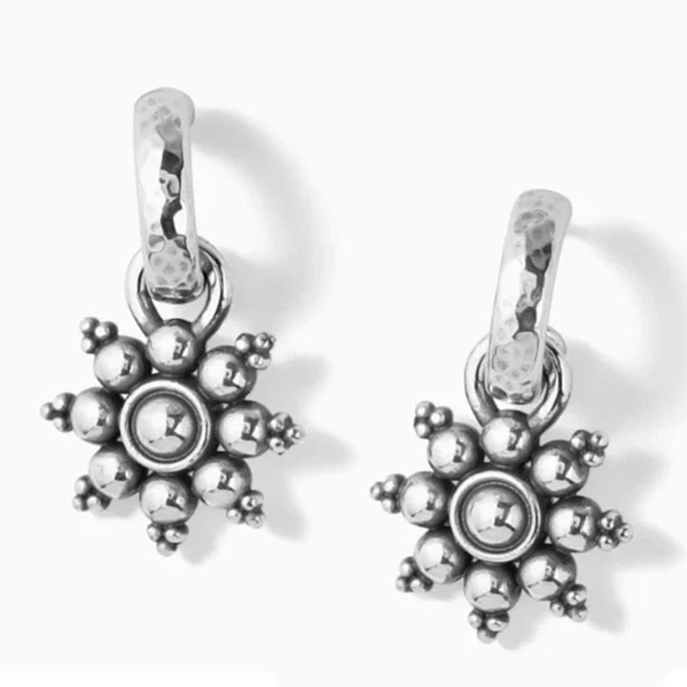 Pair of silver snowflake-shaped earrings on a white background