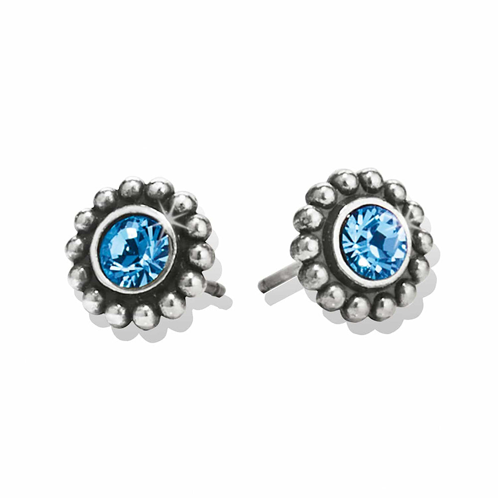 Pair of silver stud earrings with blue gemstones on a white background