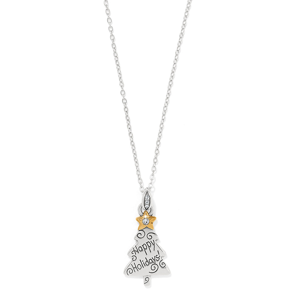 Silver necklace with a 'Happy Holidays' tree pendant on a white background