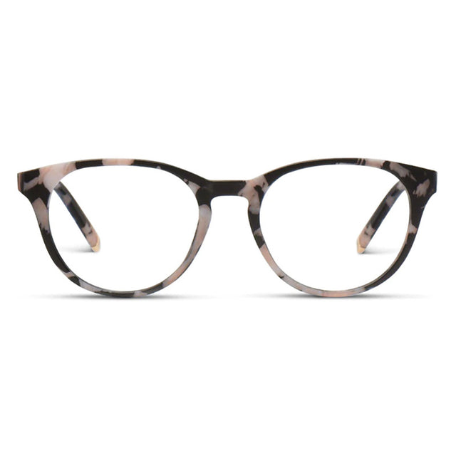 Round black marble reading glasses with brushed gold hinges and temple tips.