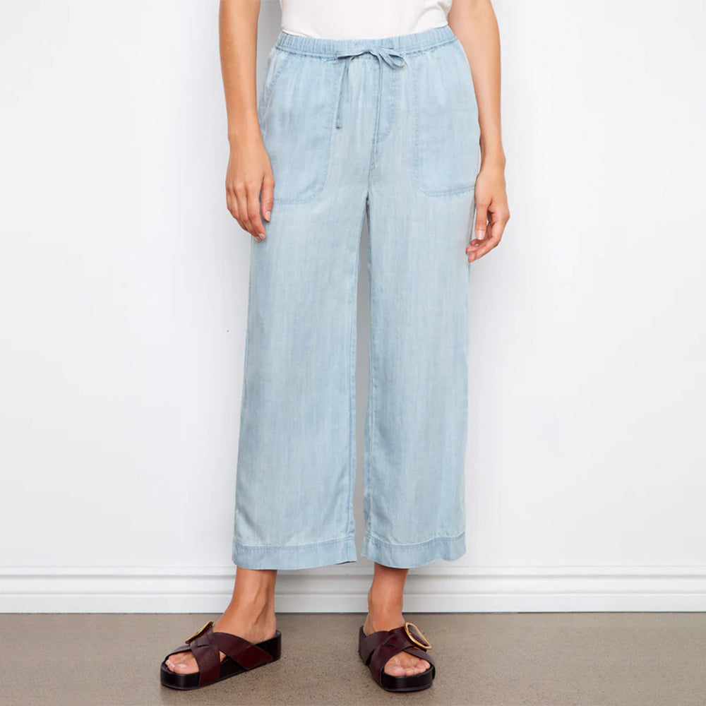 Light blue wide-leg pants worn by a person on a white background