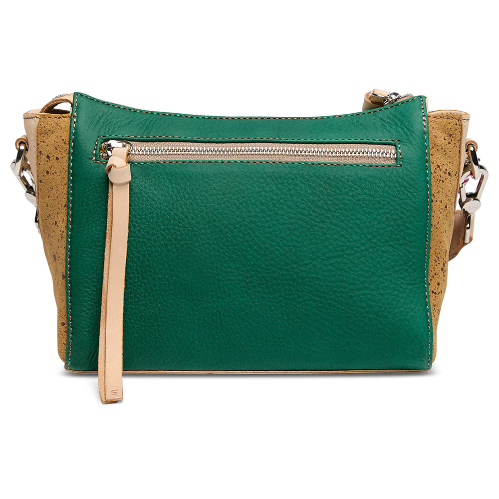 Green handbag with beige accents on a white background