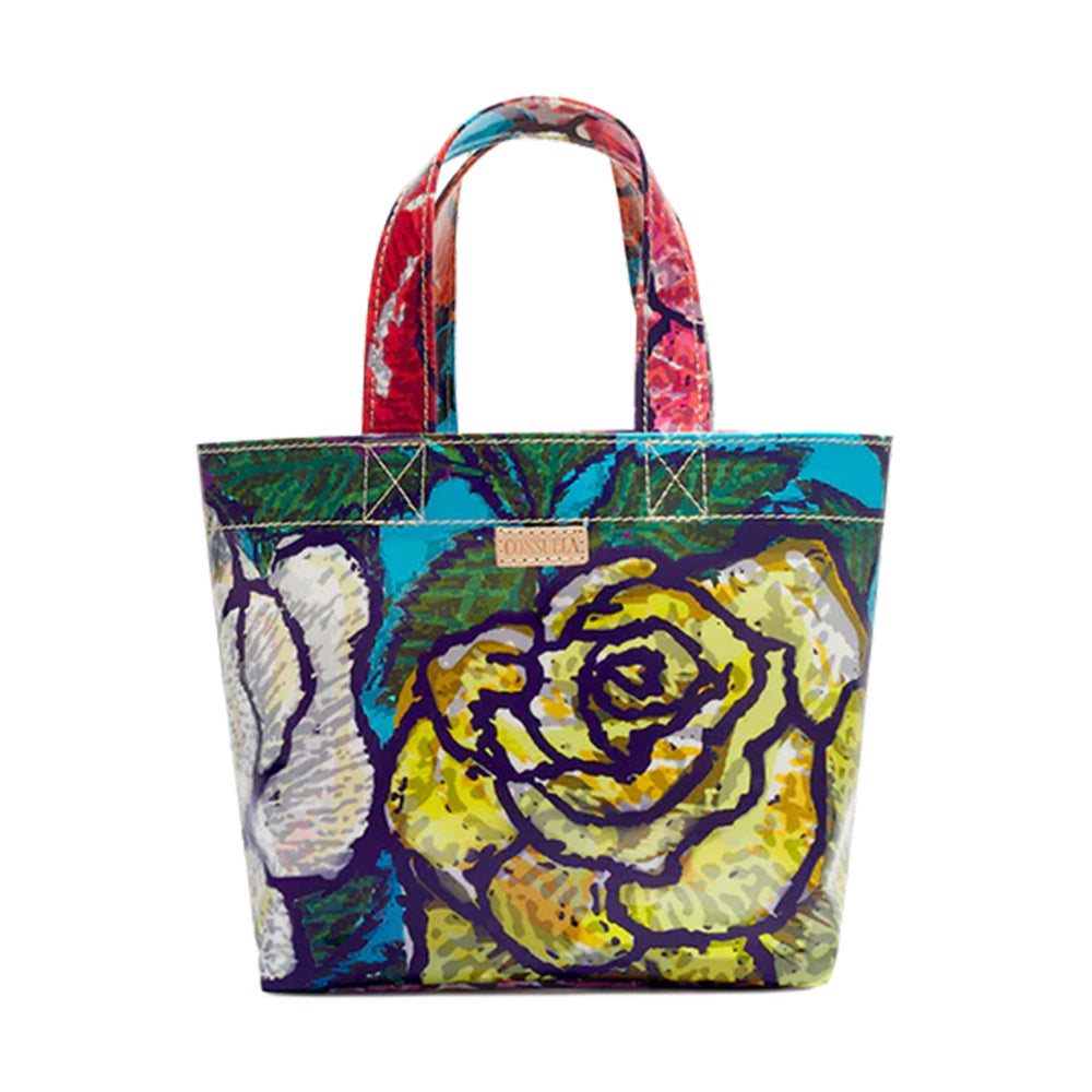 Colorful tote bag with a floral design on a white background