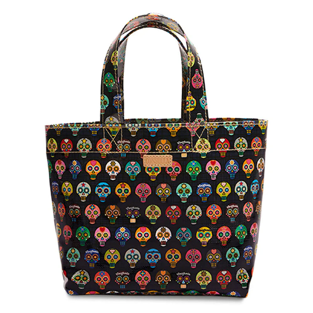 Tote bag with colorful skull pattern on a black background