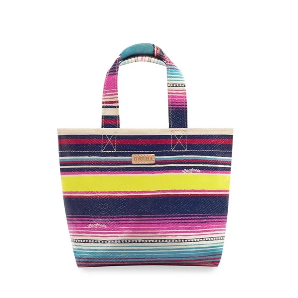 Multicolored striped tote bag with a visible brand label on a white background