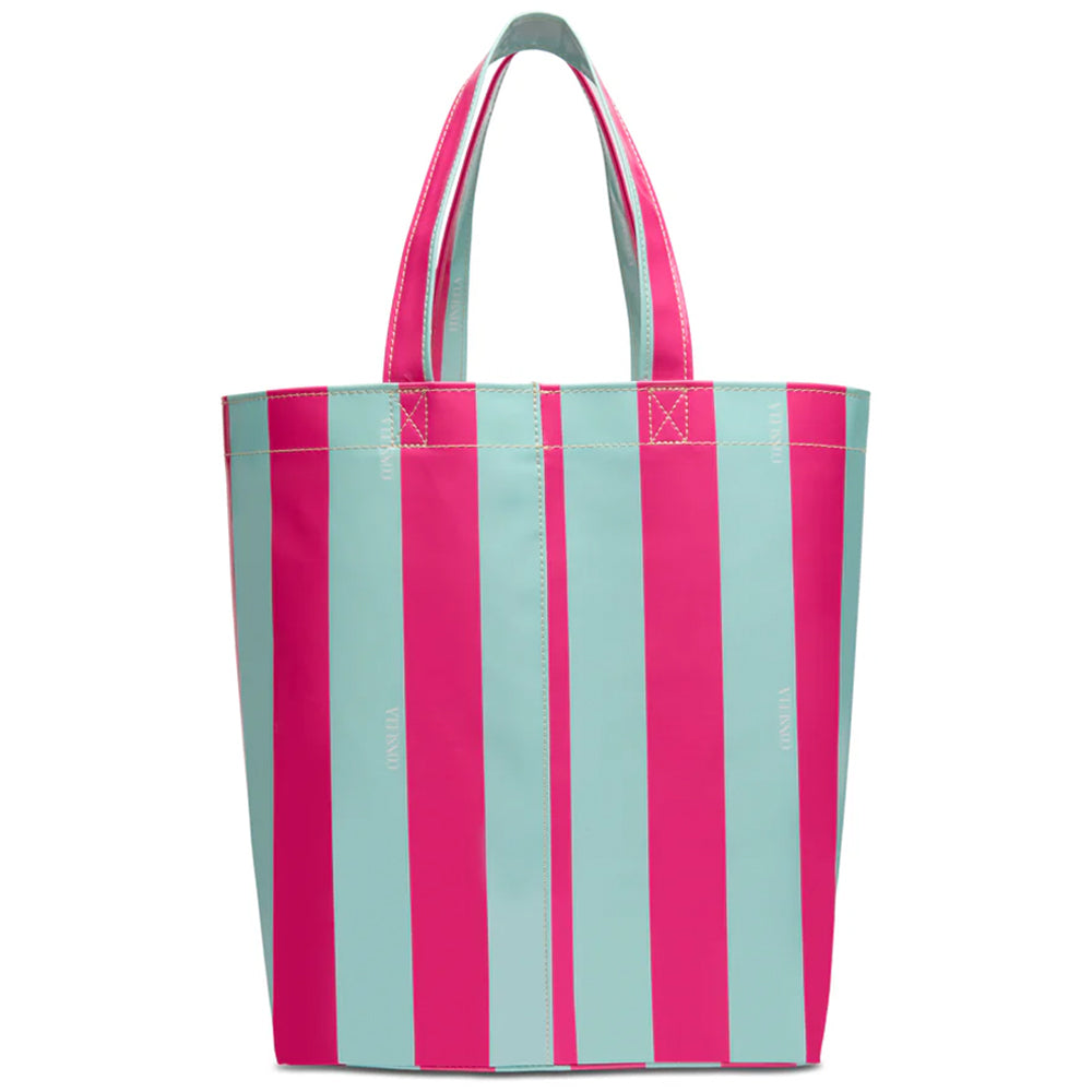 Tote bag with pink and blue vertical stripes on a white background