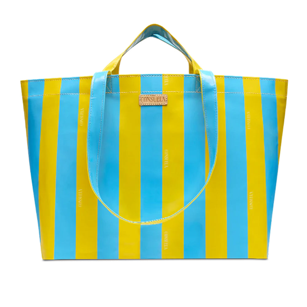 Striped blue and yellow tote bag with a visible brand label on a white background