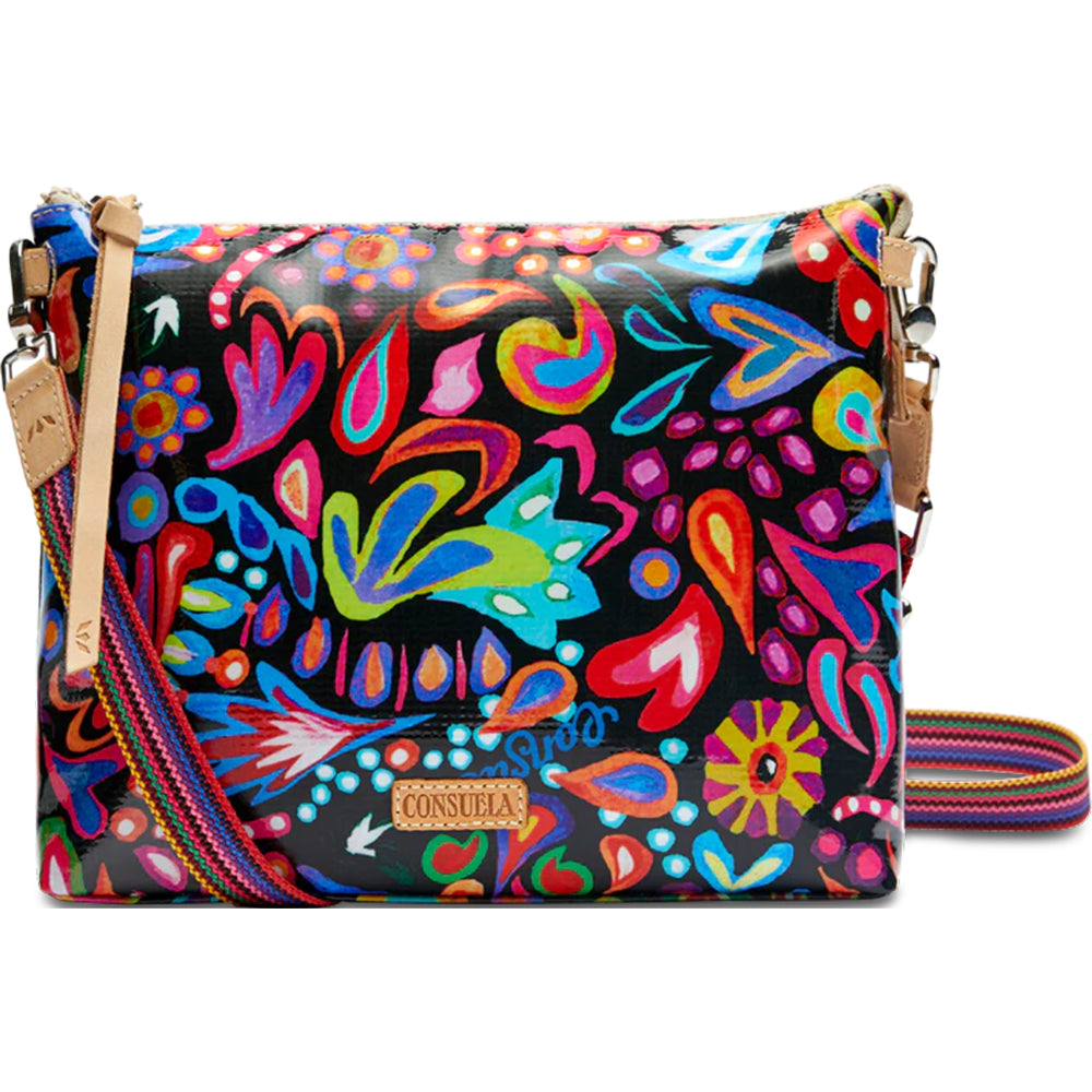 Colorful floral-patterned handbag with a visible brand logo on a white background