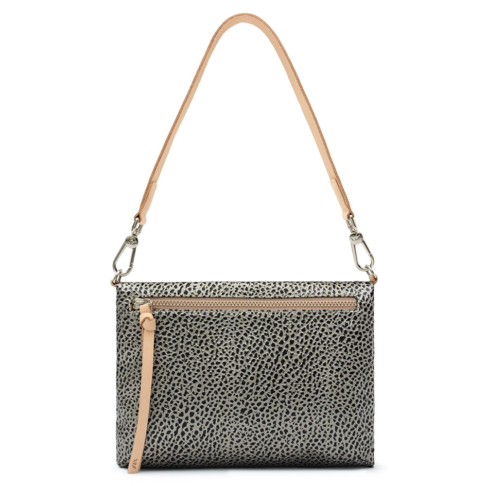 A rectangular shoulder bag with a textured black and gray animal print pattern, featuring a light tan leather shoulder strap and zipper trim, shown against a plain white background.