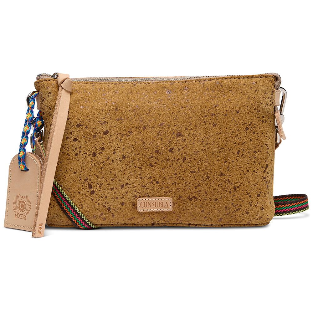 Brown cork handbag with a strap and visible brand logo on a white background