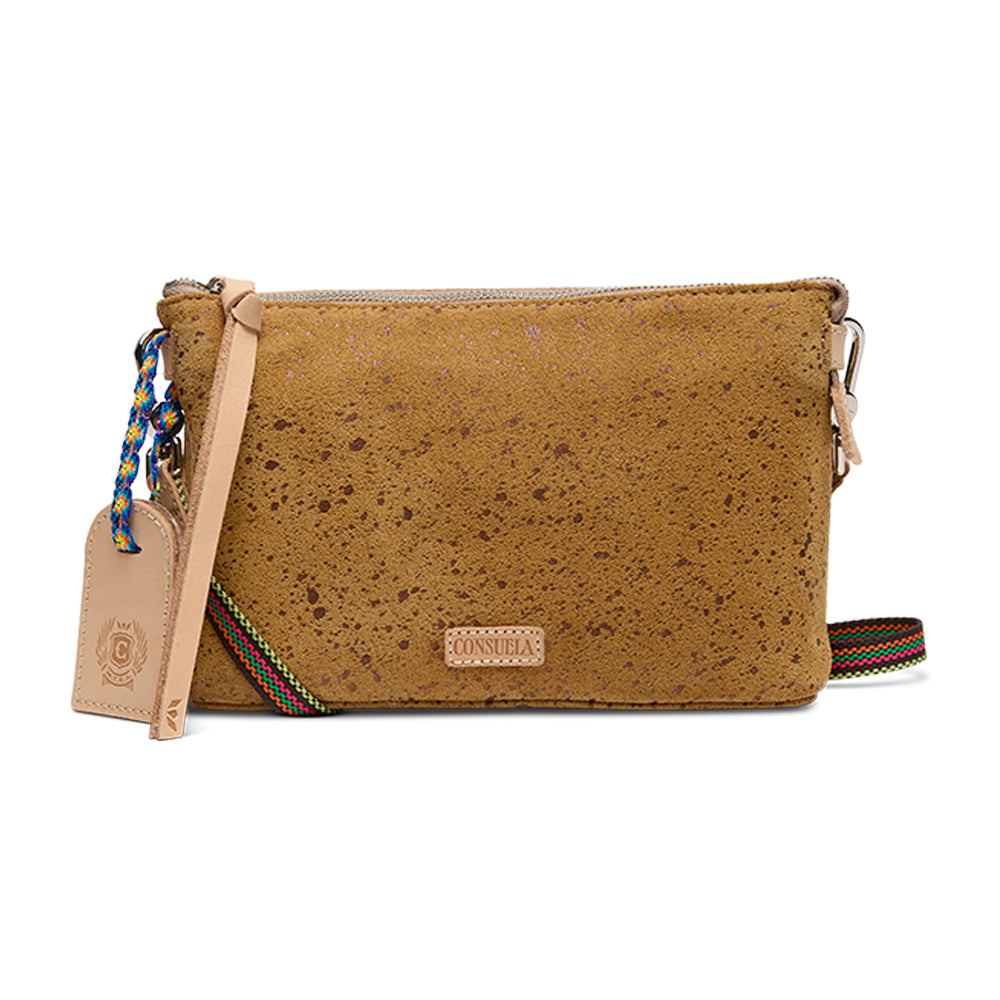Brown cork handbag with colorful strap and visible brand logo on a white background