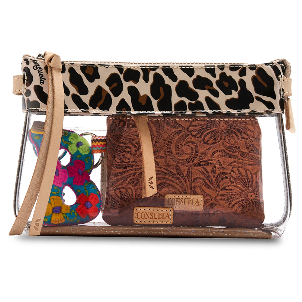 A clear plastic zippered travel pouch with a leopard print top band and beige wrist strap, shown on a white background. Inside are two brown embossed leather accessories: a floral wallet and a small multicolor guitar-shaped card holder.