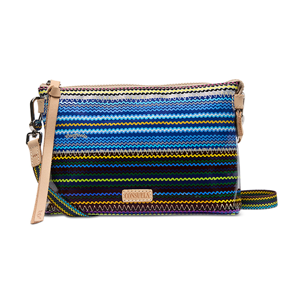 Multicolored striped pouch with a strap on a white background