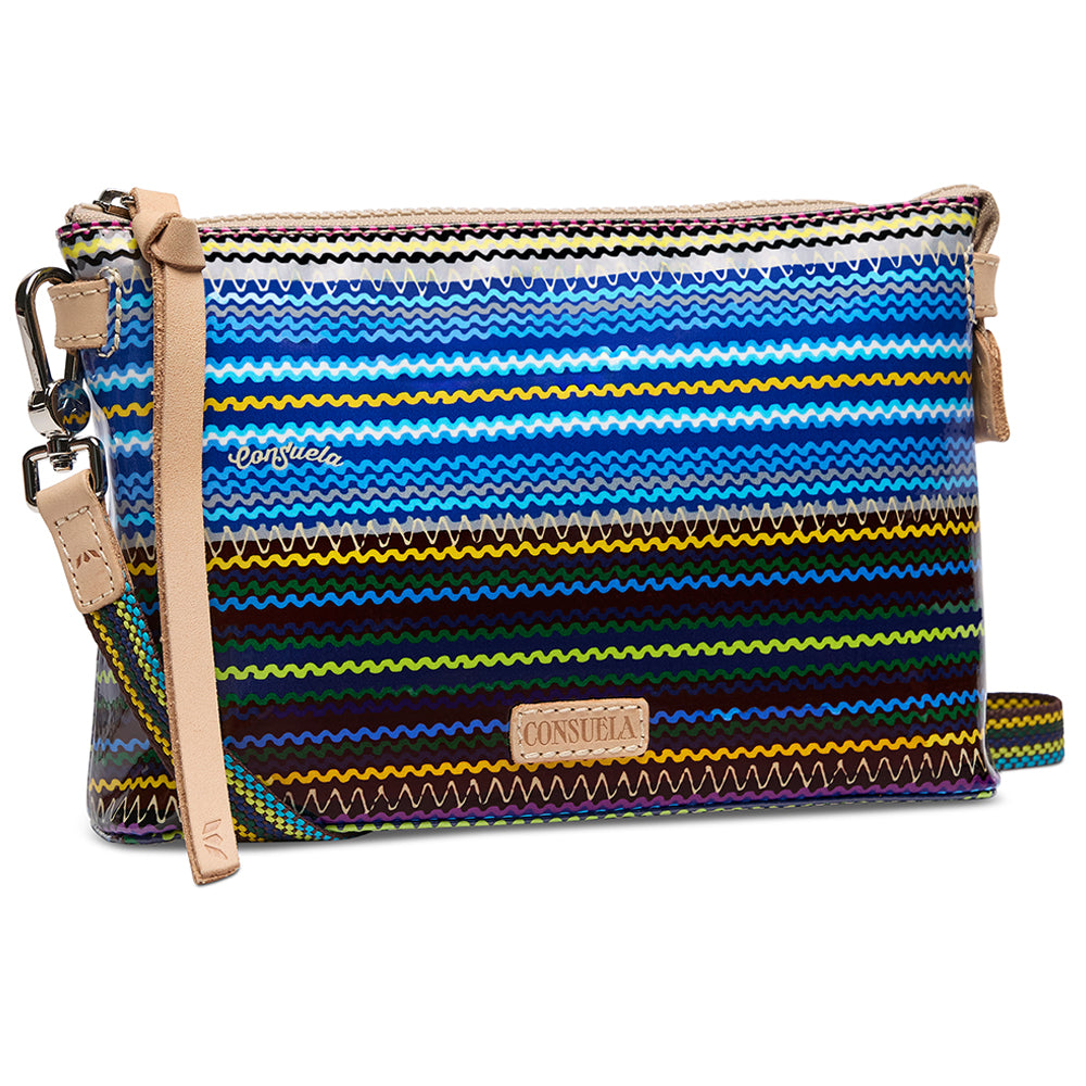 Multicolored striped pouch with a strap on a white background