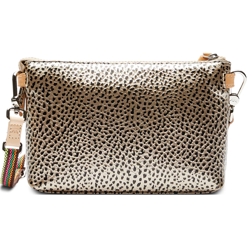 Leopard print clutch bag with colorful strap on a white background