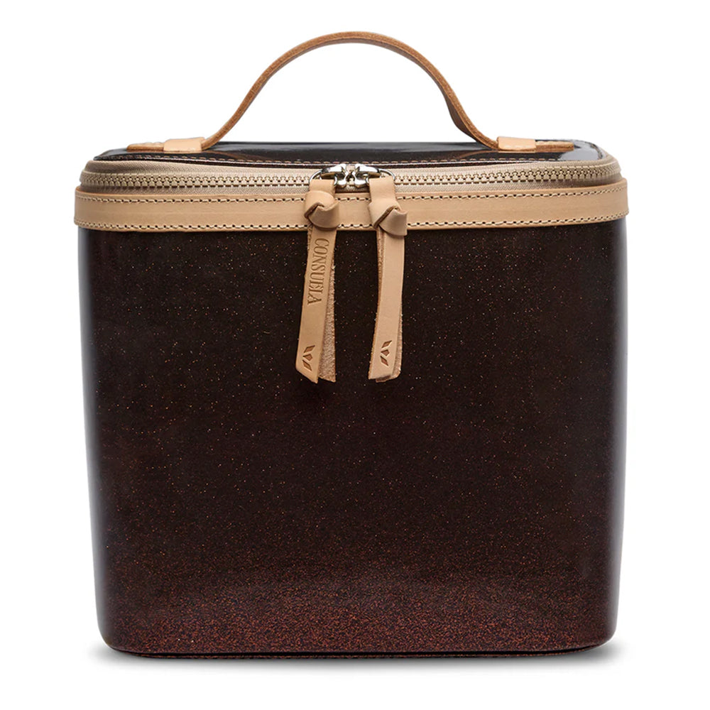 Brown travel case with beige zipper and handle on a white background