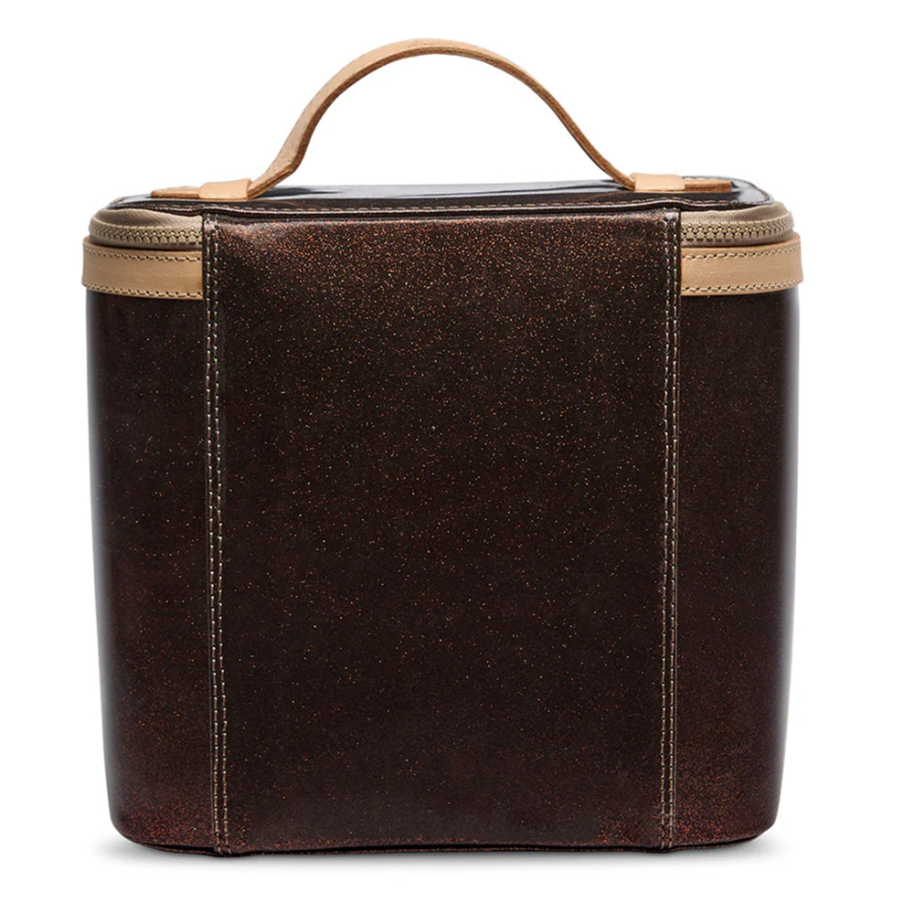 Brown leather travel case with tan handle on a white background