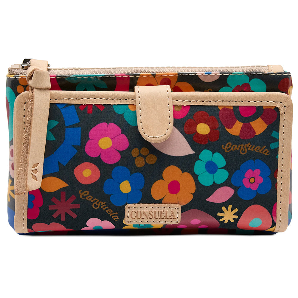 Colorful floral-patterned wallet with beige accents on a white background