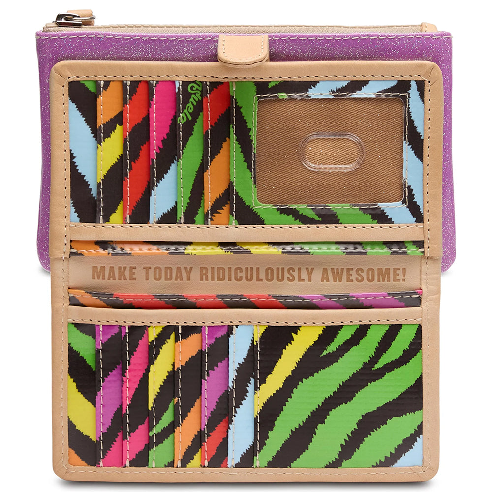 Colorful zebra print wallet with motivational quote on a white background