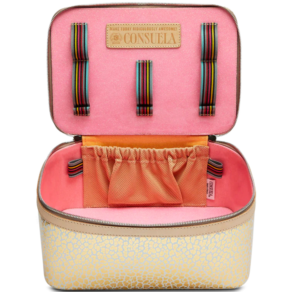 Pink and beige cosmetic bag with colorful straps and a visible 'Consuela' brand label.