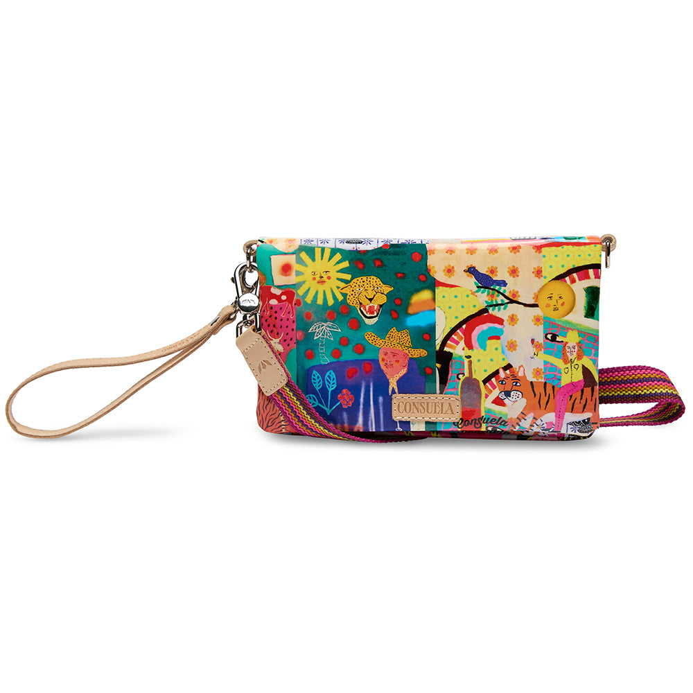Colorful wristlet with a pattern of people and animals on a white background