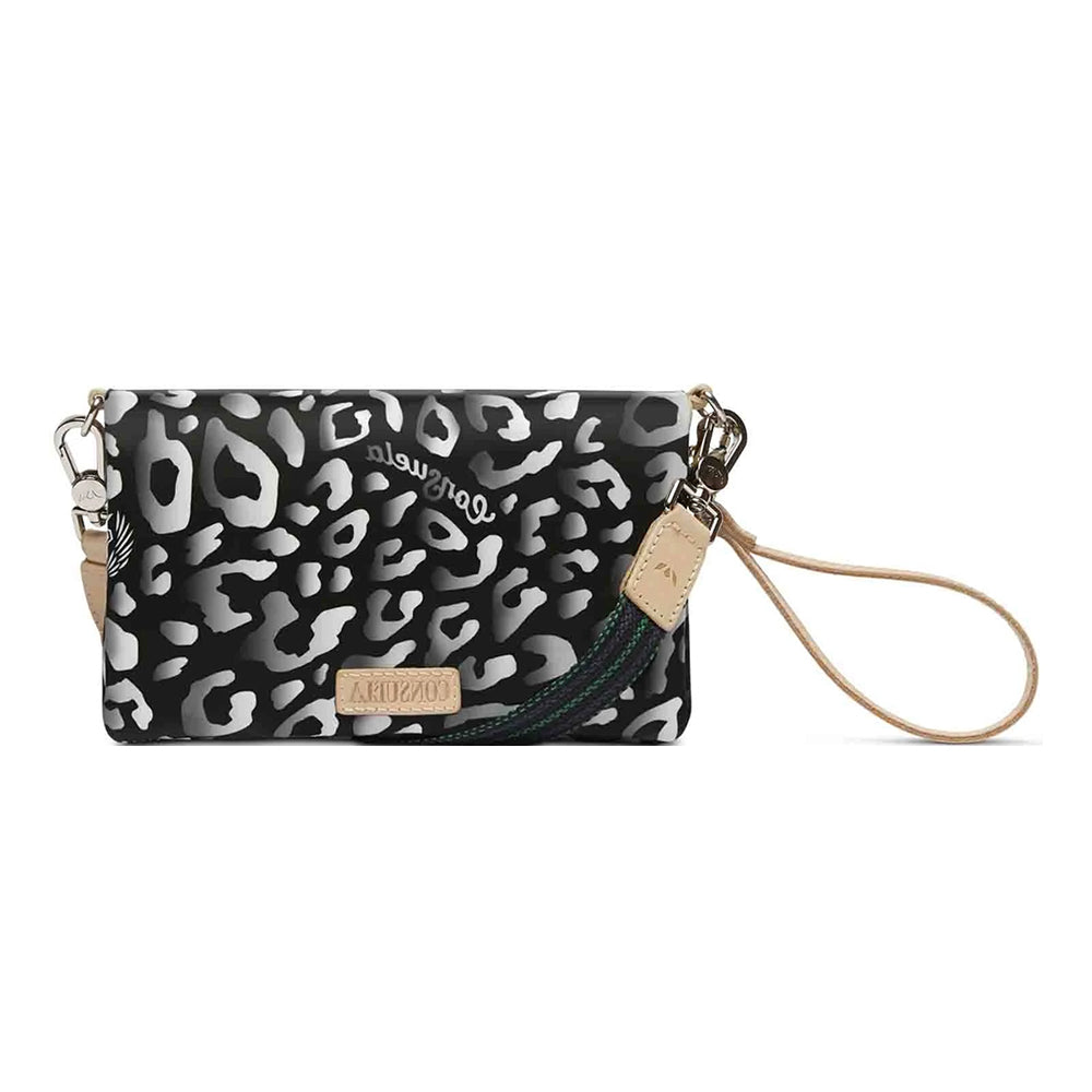 Black and white patterned clutch bag with a strap on a white background