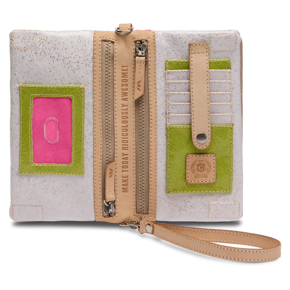 Multicolored wallet with a strap on a white background