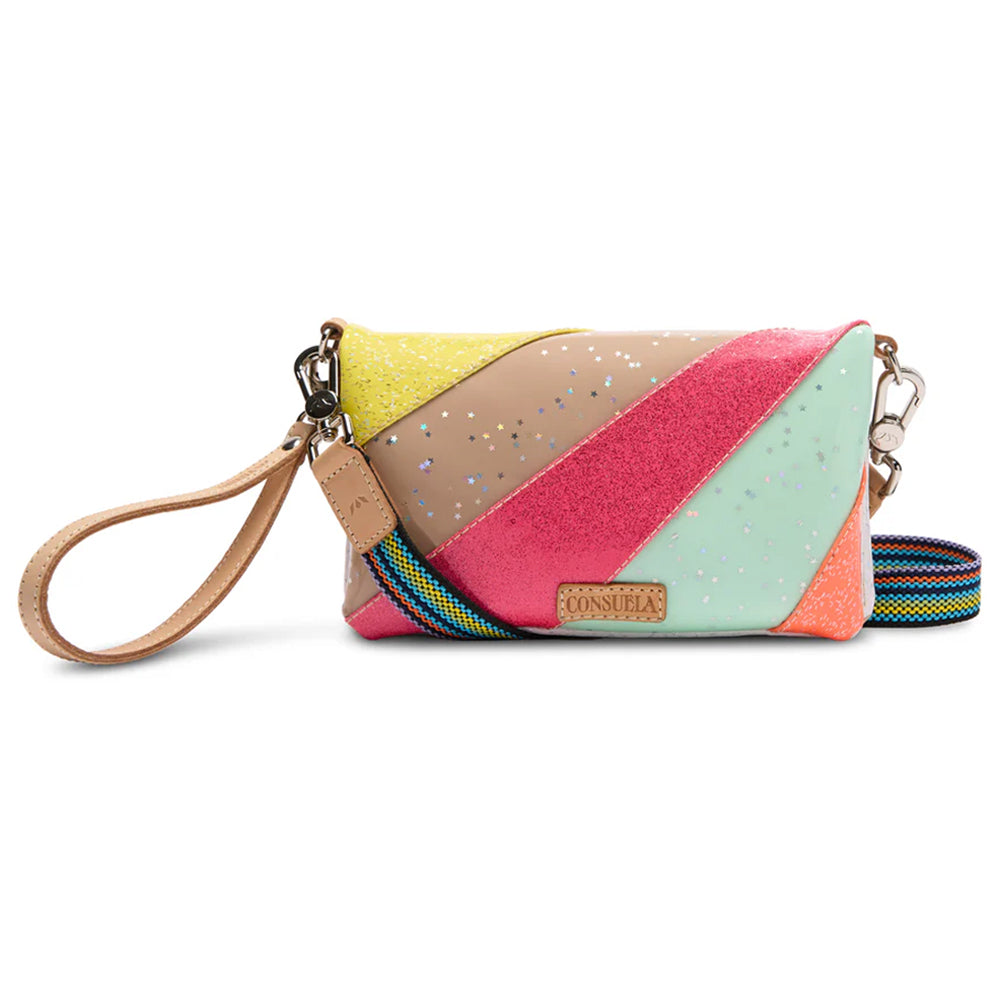 Colorful patchwork handbag with a strap on a white background