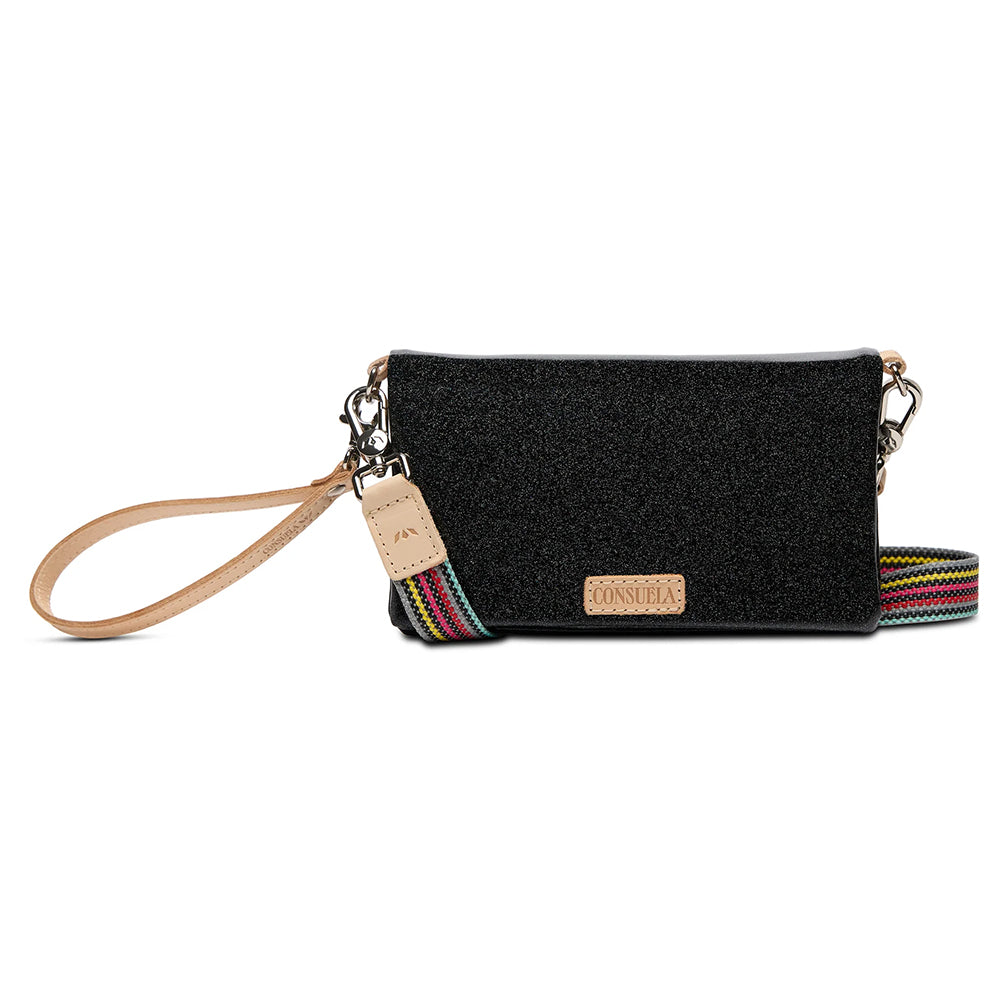 Black clutch with a strap on a white background