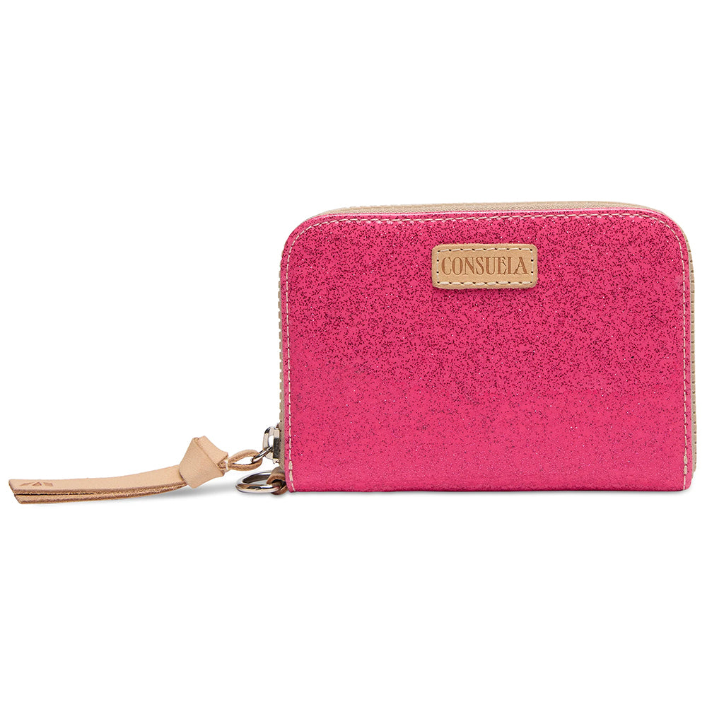 Pink wallet with beige strap and visible brand logo on a white background
