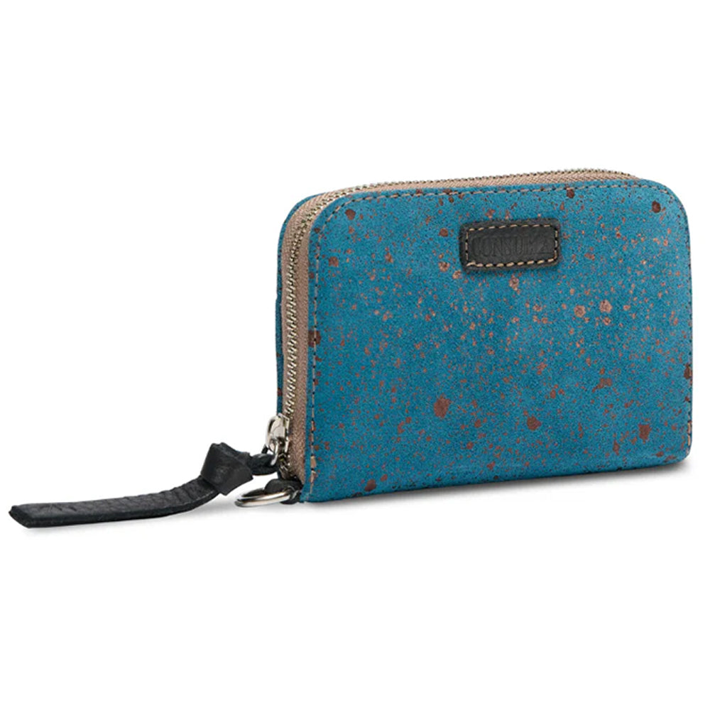 Blue textured wallet with a black strap on a white background
