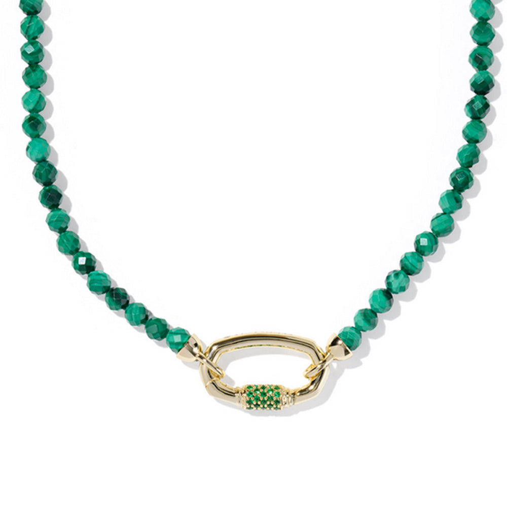 Green beaded necklace with a gold clasp on a white background