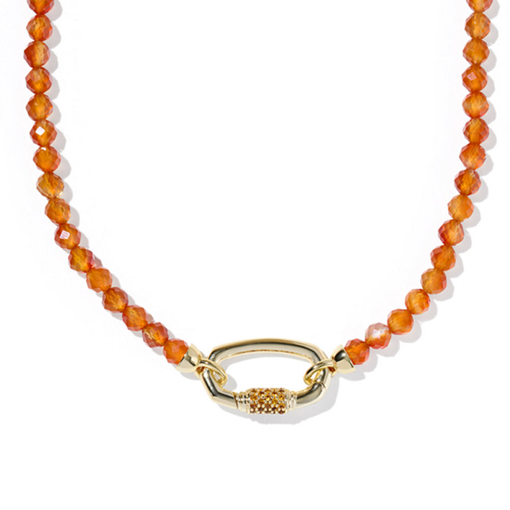 Necklace with orange beads and a gold clasp on a white background