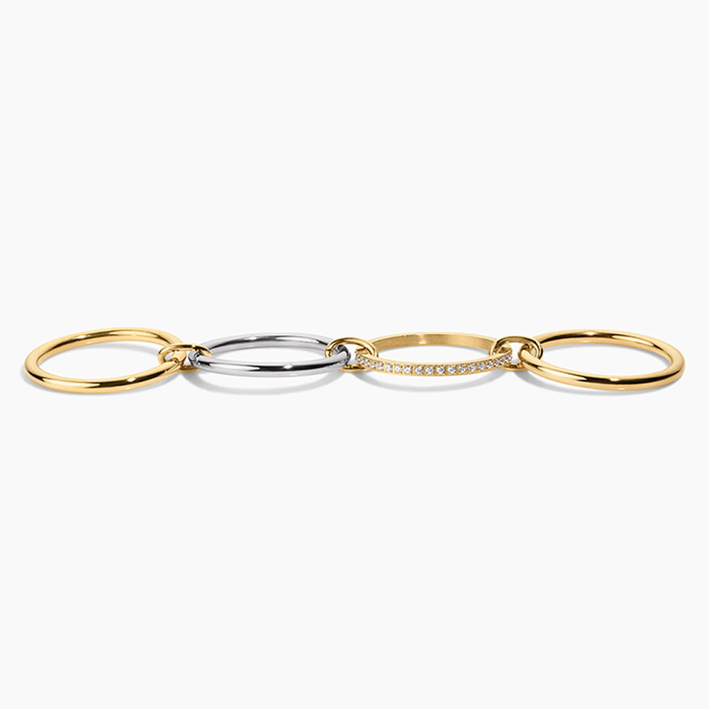 Three interlocking rings in gold, silver, and rose gold on a white background