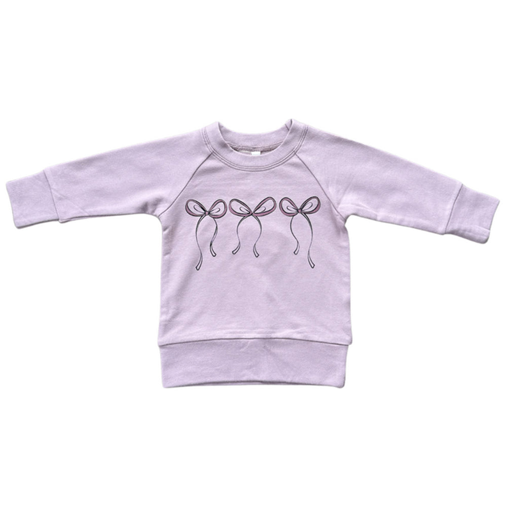 Light purple sweatshirt with black bow design on a white background