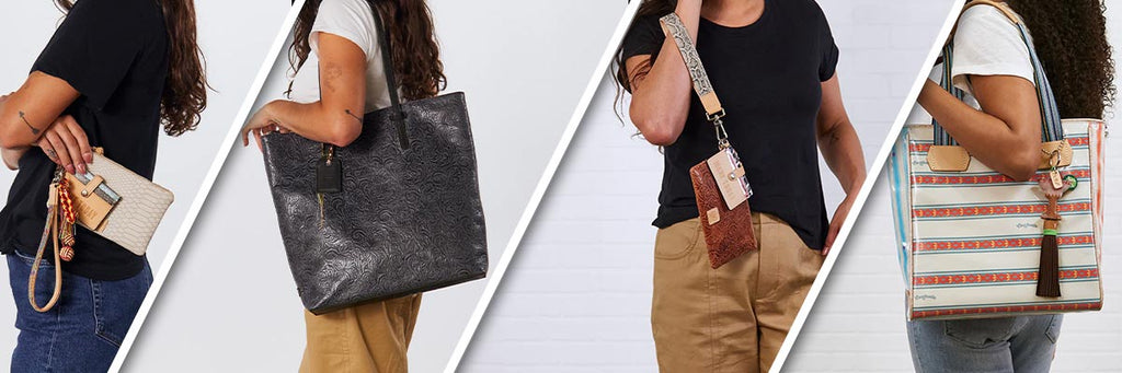 A variety of women holding handbags, Consuela totes, crossbody bags and wallets
