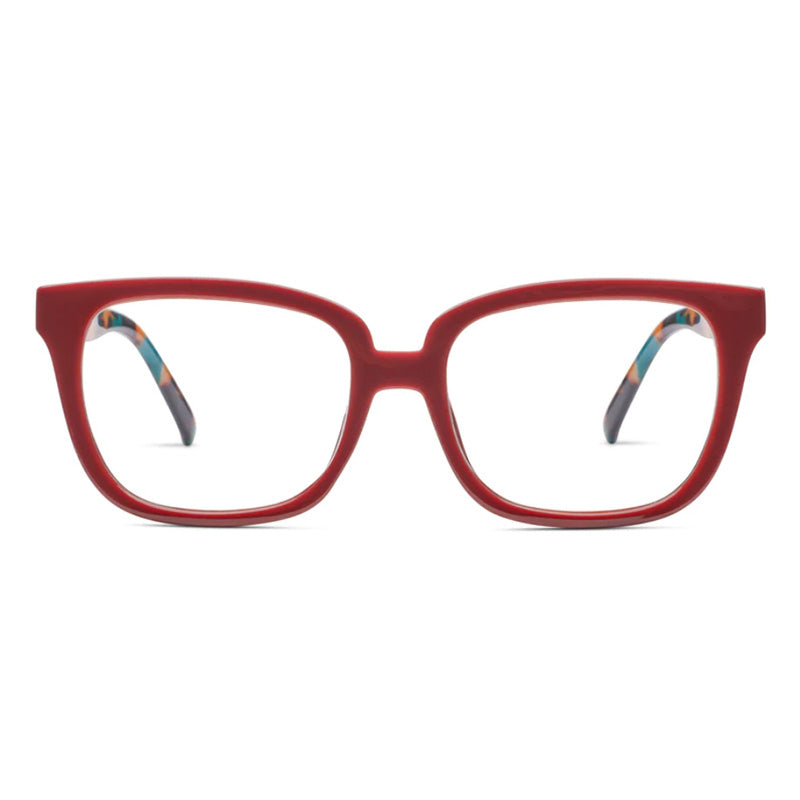 A pair of dark red, teal-colored Peepers Impromptu reading glasses with a chunky square frame and gold temple caps.