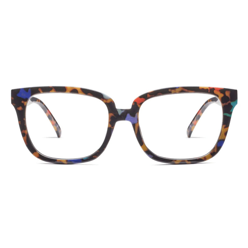 A pair of tortoise patterned, oversized square-framed reading glasses with gold temple caps.