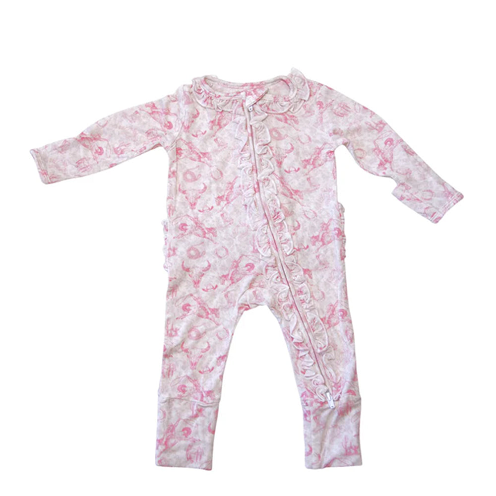 Baby onesie with pink floral pattern on a white background