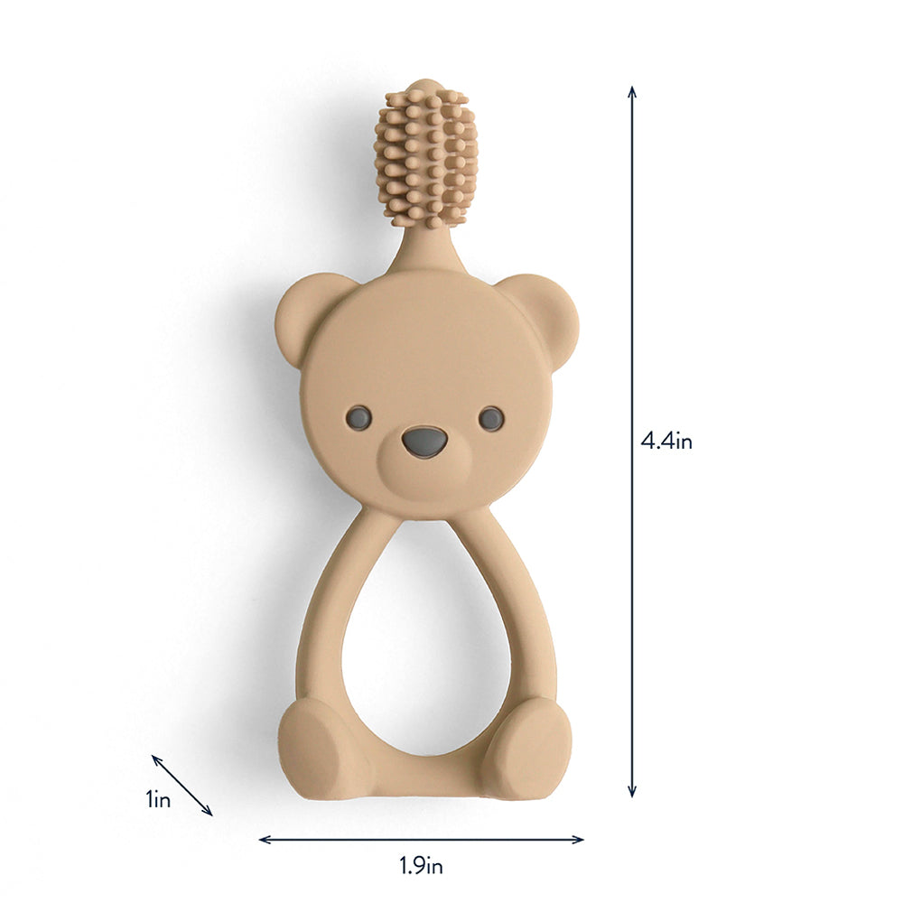 Beige bear-shaped teething toy with measurements on a white background
