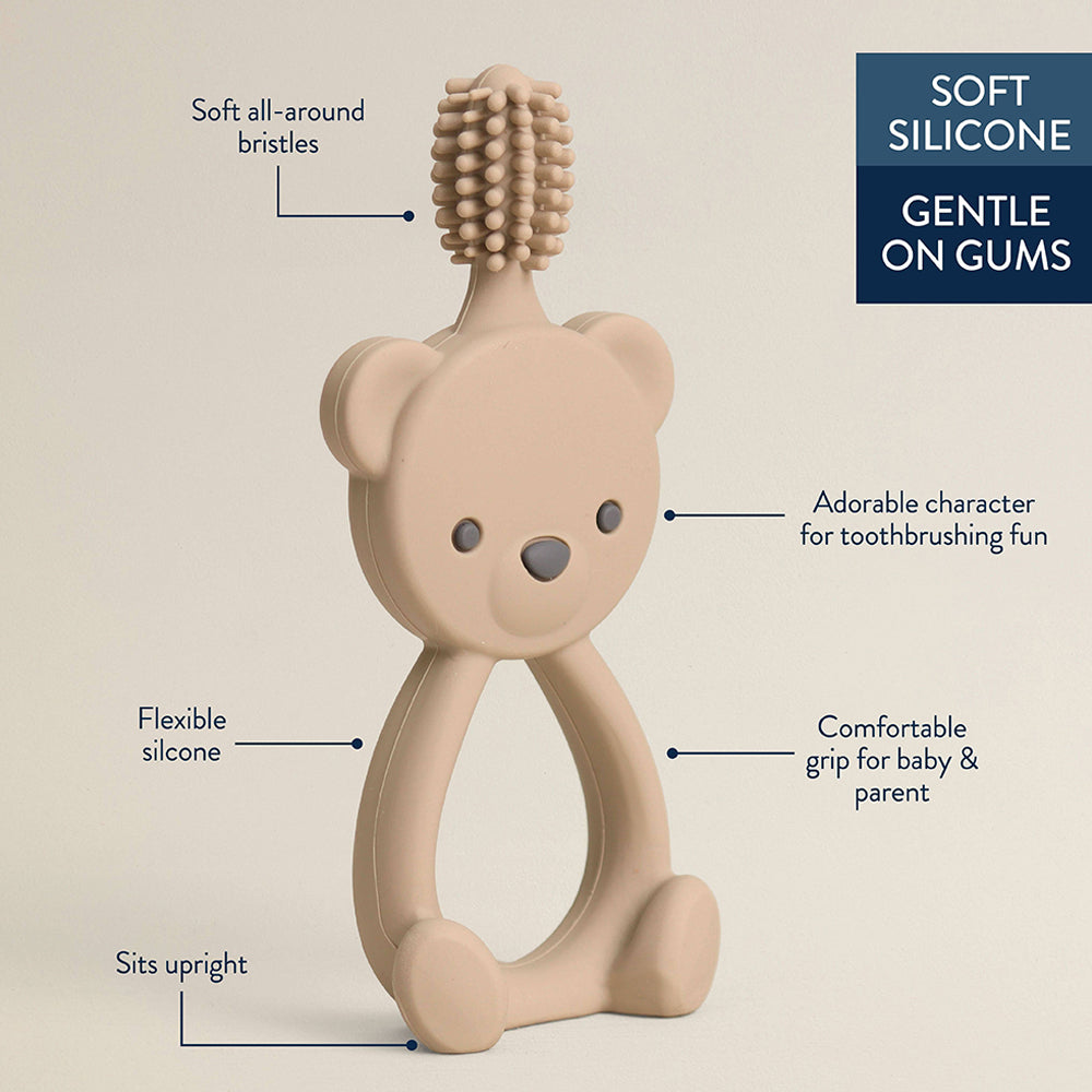 Bear-shaped toothbrush with text highlighting features on a beige background