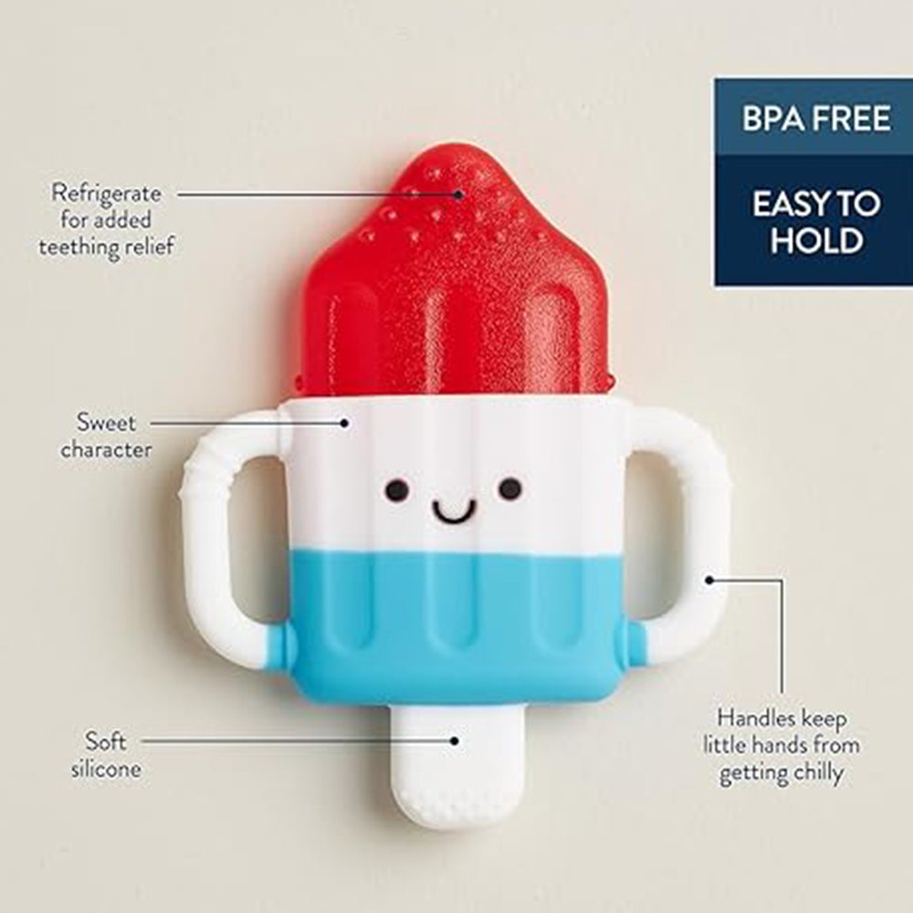 Teething toy designed like a popsicle with text highlighting features on a light gray background