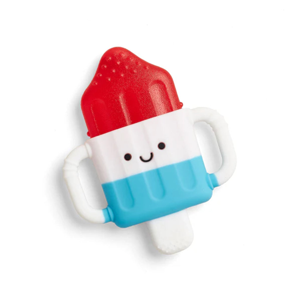 Toy resembling a popsicle with a red top and blue bottom on a white background