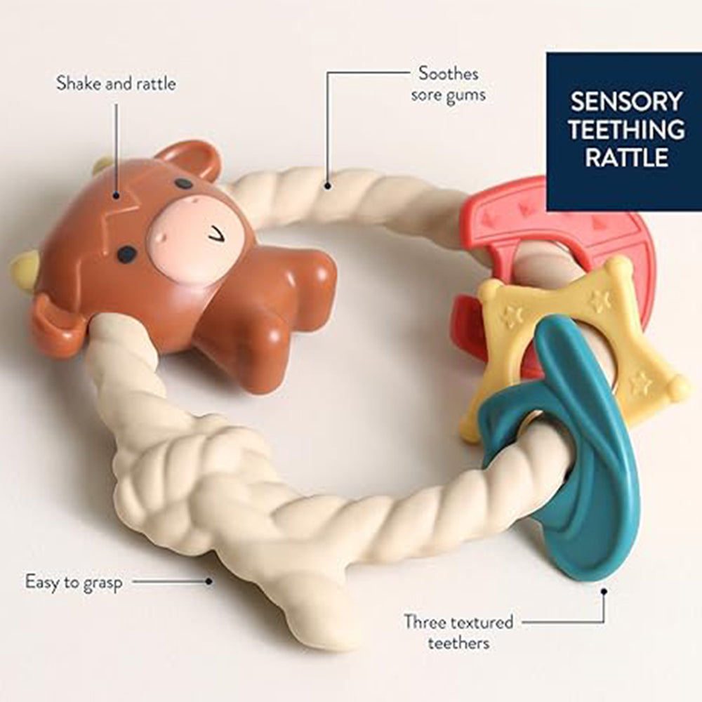Sensory teething rattle with text highlighting features on a white background