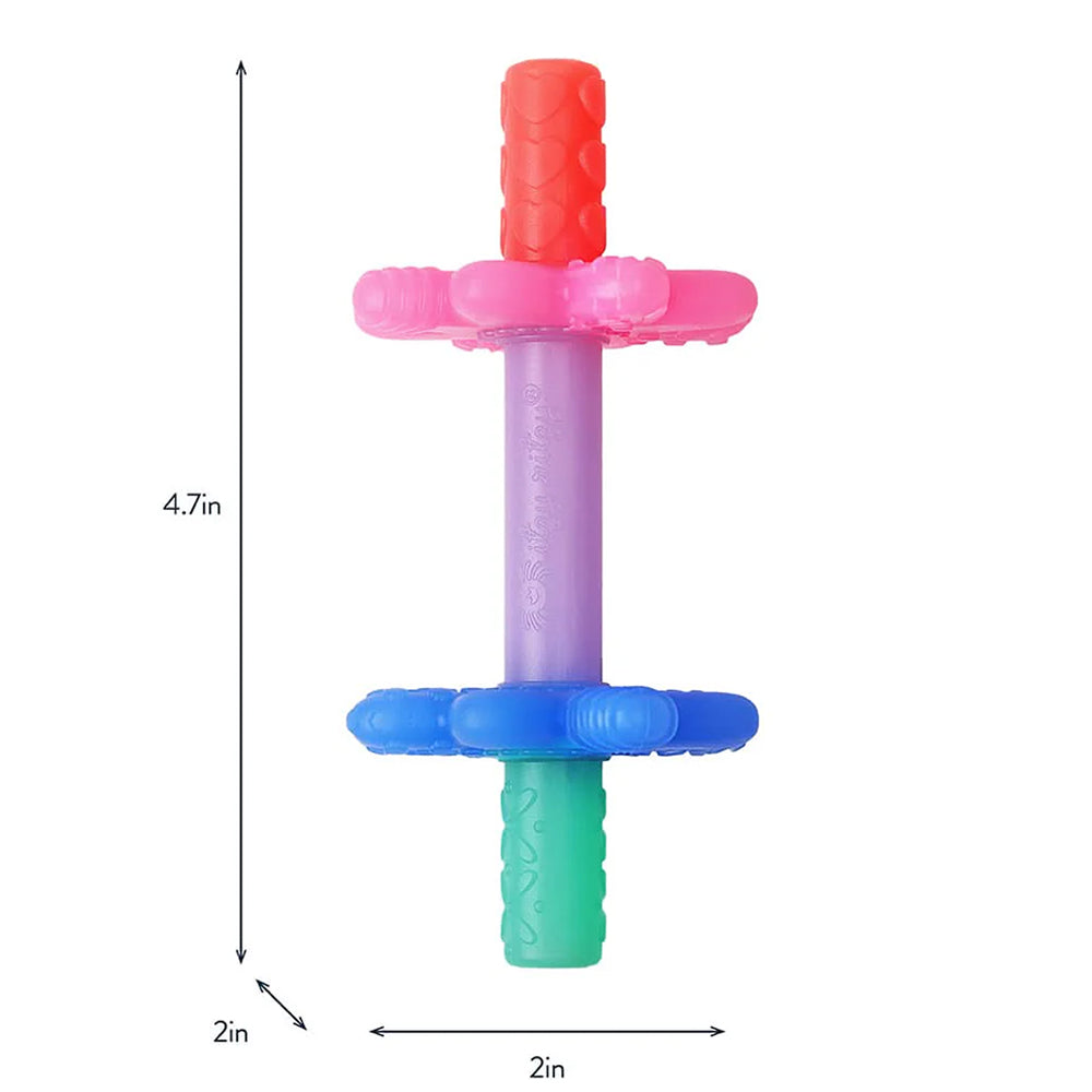 Colorful plastic tool with measurement indicators on a white background