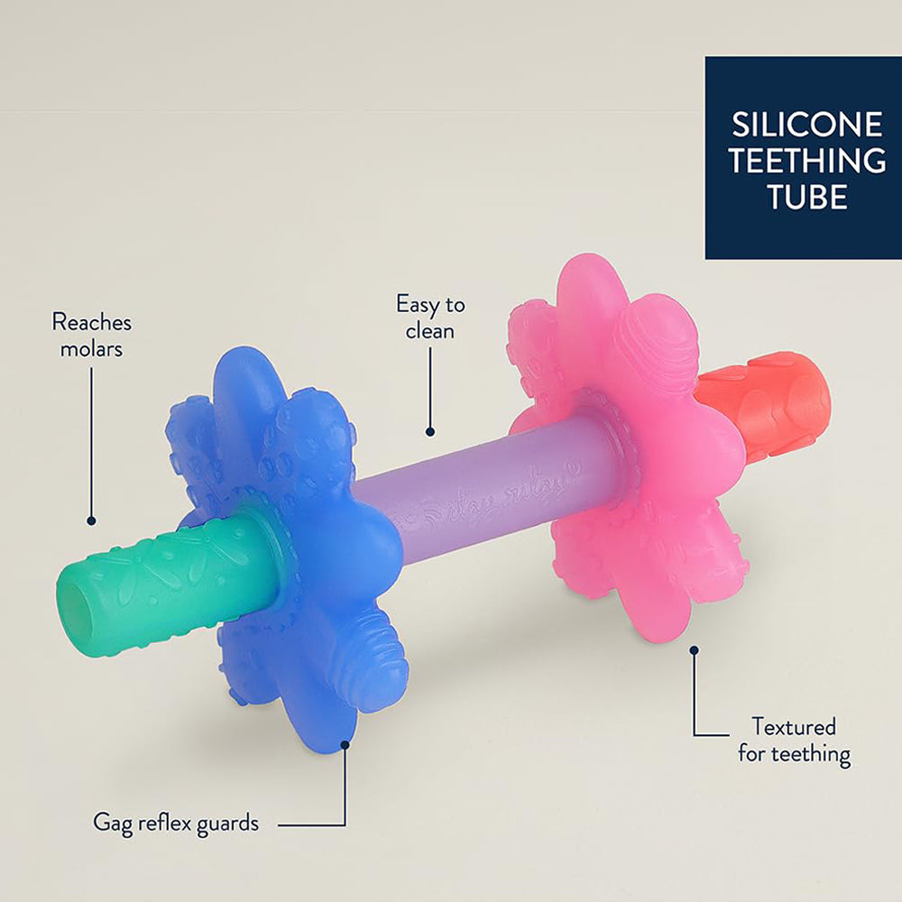 Silicone teething tube with colorful flowers on a white background