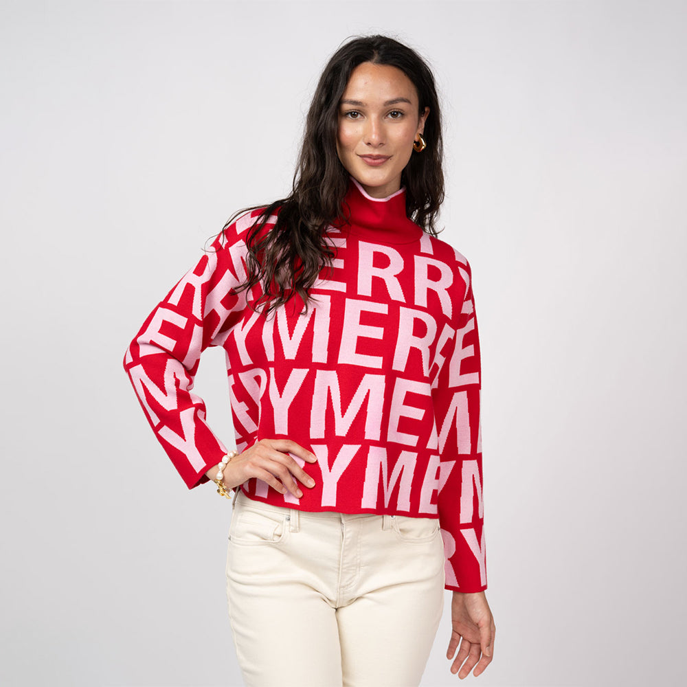 Woman wearing a red sweater with white text on a plain background
