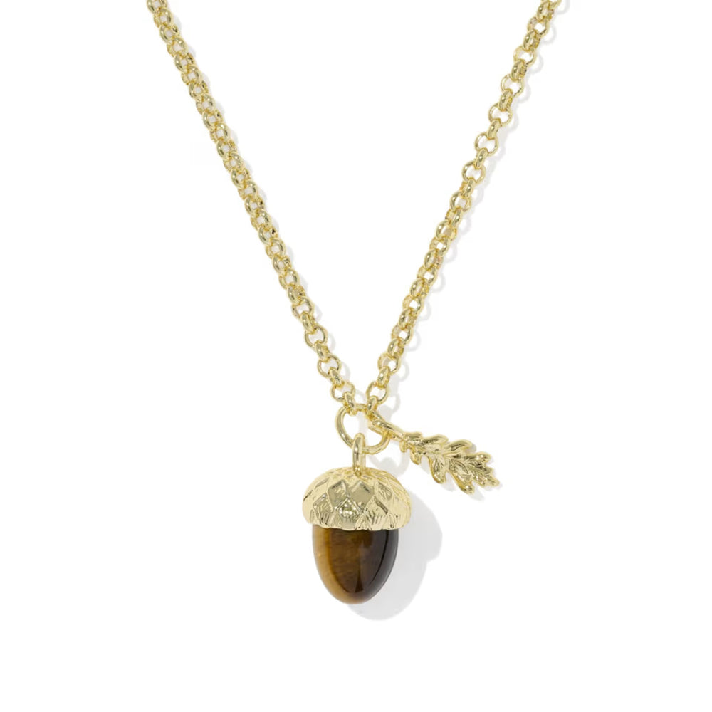 A gold acorn pendant necklace with a glossy dark brown to black stone center, shown on a clean white background.
